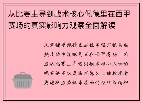 从比赛主导到战术核心佩德里在西甲赛场的真实影响力观察全面解读